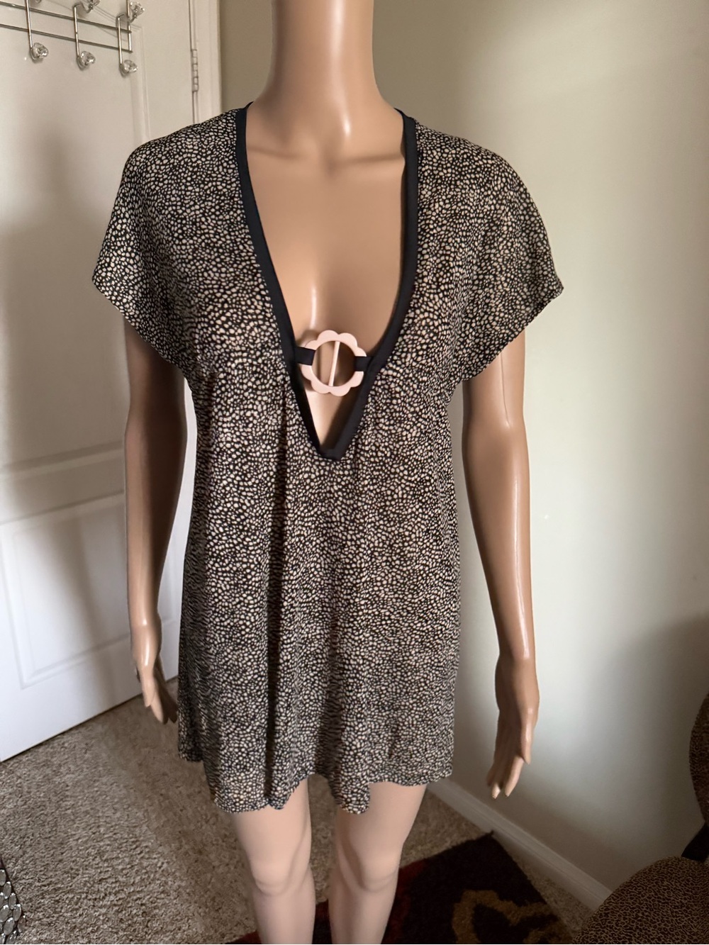 Sheer Swimsuit cover up with Cream Dotted Print and Front Ring